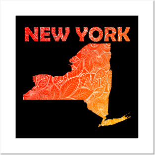 Colorful mandala art map of New York with text in red and orange Posters and Art